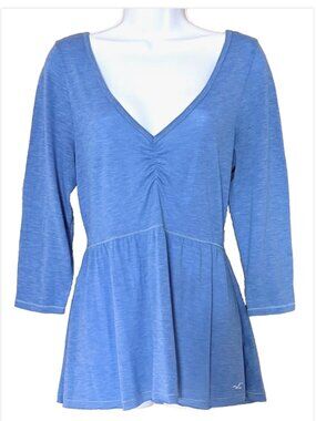 Hollister Y2K Peplum Babydoll V-Neck Top Empire Waist Blue Large 2000s Coquette